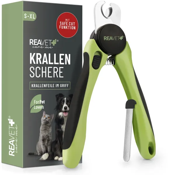 REAVET Krallenschere für Hunde & Katzen (Gr. S-XL) mit Abstandsschutz & integrierter Krallenfeile im Griff – Safe Cut Krallenknipser